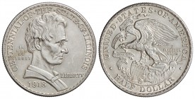 1/2 Dólar. 1918. 12,51 grs. AR. Centenario del Estado de Illinois - Lincoln. (Levísimas rayitas). Brillo original. KM-143. EBC+ .