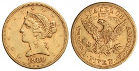 5 Dólares. 1880-S. SAN FRANCISCO. 8,34 grs. AU. Coronet Head. (Leves golpecitos). Fr-145; KM-101. EBC-.
