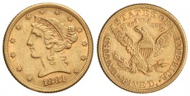 5 Dólares. 1881. 8,35 grs. AU. Coronet Head. (Pequeños golpecitos). Restos de brillo original. Fr-143; KM-101. EBC-.