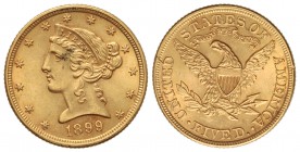 5 Dólares. 1899. 8,34 grs. AU. Coronet Head. (Leves concreciones en anverso). Restos de brillo original. Fr-143; KM-101. EBC.