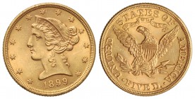5 Dólares. 1899. 8,34 grs. AU. Coronet Head. (Rayita en anverso). Restos de brillo original. Fr-143; KM-101. EBC.
