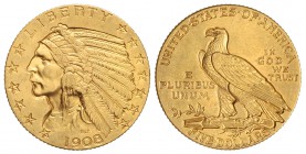 5 Dólares. 1908. 8,34 grs. AU. Tipo Indio. Brillo original. Fr-148; KM-129. EBC+.