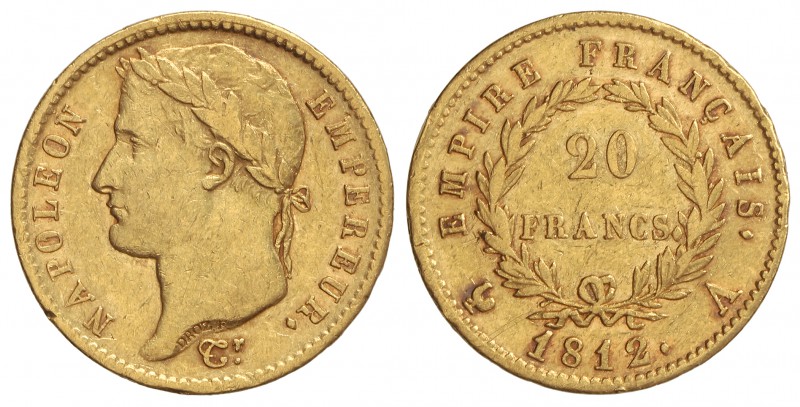 20 Francos. 1812-A. NAPOLEÓN EMPEREUR. PARÍS. 6,38 grs. AU. KM-695.1. MBC+.