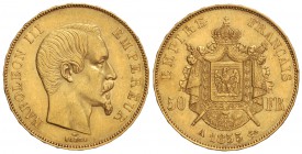 50 Francos. 1855-A. NAPOLEÓN III. PARÍS. 16,10 grs. AU. (Rayitas en anverso). Fr-571; KM-785.1. EBC-.