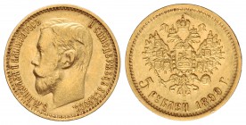 5 Rublos. 1899-FZ. NICOLÁS II. 4,30 grs. AU. Ensayador: ¶. Fr-180; Y-62. EBC-.