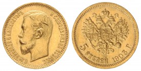 5 Rublos. 1903-AP. NICOLÁS II. 4,30 grs. AU. Fr-180; Y-62. EBC.
