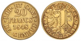 20 Francos. 1848. REPÚBLICA y CANTÓN DE GINEBRA. 7,62 grs. AU. Fr-263; KM-140. EBC-.