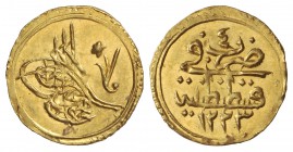 1/4 Zeri Mahbub. Año 4 - 1223 d.H. MAHMUD II (1808-1839 d.C.). 0,8 grs. AU. Brillo original. KM-605. SC.