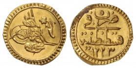 1/4 Zeri Mahbub. Año 5 - 1223 d.H. MAHMUD II (1808-1839 d.C.). 0,78 grs. AU. Brillo original. KM-605. SC.