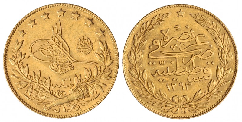 100 Kurush. 1293 d.H./31. ABDUL HAMID II. 7,19 grs. AU. Fr-143; KM-730. EBC-.