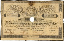 2.000 Reales de Vellón. 14 Mayo 1857. BANCO DE ZARAGOZA. Taladro central. (Roturas y mancha del tiempo). Ed-130. MBC-.