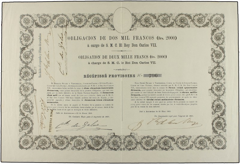 Obligación 2.000 Francos. 25 Marzo 1869. CARLOS VII, PRETENDIENTE. AMSTERDAM. Ed...