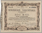 Suscrición Voluntaria 200 Reales de Vellón. 30 Mayo 1870. CARLOS VII, PRETENDIENTE. LA TOUR DE PEILZ. Ed-197. EBC+.