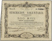 Suscrición Voluntaria 500 Reales de Vellón. 30 Mayo 1870. CARLOS VII, PRETENDIENTE. LA TOUR DE PEILZ. (Leves arrugas). Ed-198. SC.
