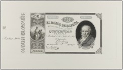 Prueba anverso 500 Pesetas. 1 Julio 1874. Goya. En cartulina blanca, con firmas. (Doblada por la matriz). RARA. Ed-262P. SC-.
