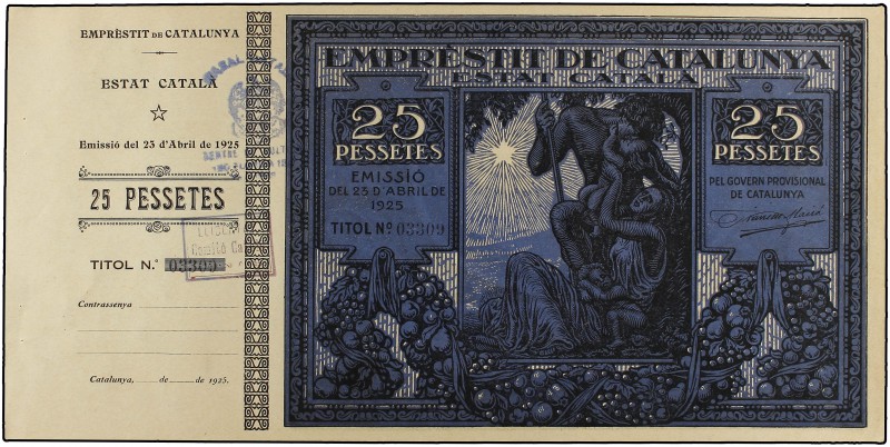 25 Pessetes. 23 Abril 1925. EMPRÈSTIT DE CATALUNYA. ESTAT CATALÀ. Emprèstit Pau ...