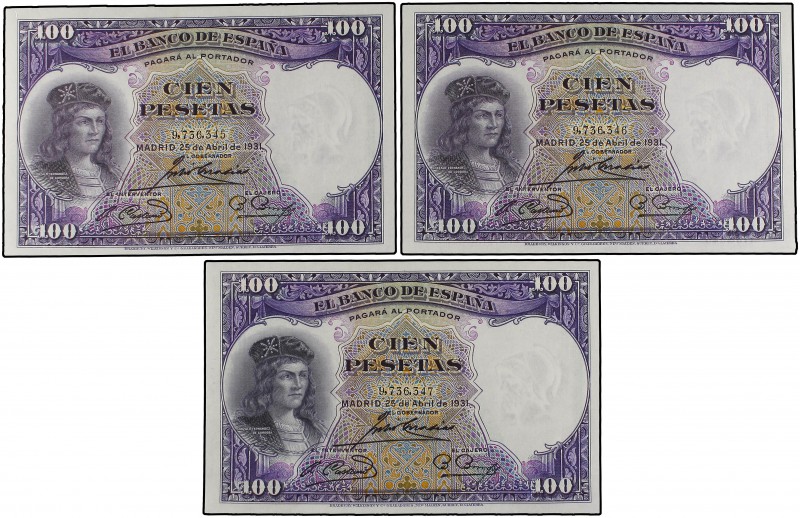 Lote 3 billetes 100 Pesetas. 25 Abril 1931. Fernández de Córdoba. Trío correlati...