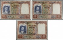 Lote 3 billetes 500 Pesetas. 25 Abril 1931. Elcano. Trío correlativo. Ed-361. SC.