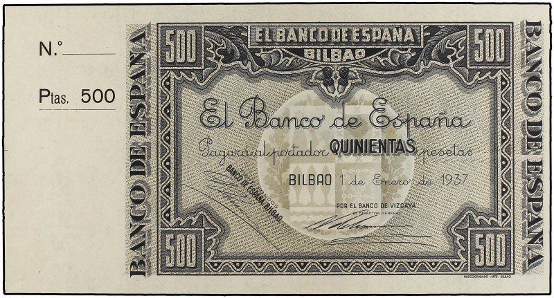 500 Pesetas. 1 Enero 1937. EL BANCO DE ESPAÑA. BILBAO. Antefirma: Banco de Vizca...