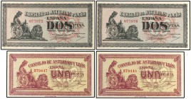 Serie 10 billetes 25 (2), 40 (2), 50 Céntimos (2), 1 (2) y 2 Pesetas (2). 1937. CONSEJO DE ASTURIAS Y LEÓN. Una pareja correlativa de cada valor, tota...