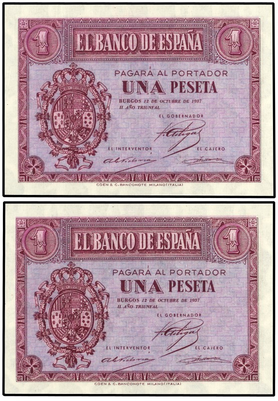 Lote 2 billetes 1 Peseta. 12 Octubre 1937. Serie A. Pareja correlativa. Precinta...