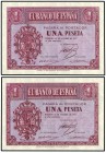 Lote 2 billetes 1 Peseta. 12 Octubre 1937. Serie A. Pareja correlativa. Precintados y garantizados por PCGS (nº 694245.65/37724339 y 694245.66/3772434...