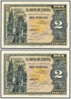 Lote 2 billetes 2 Pesetas. 12 Octubre 1937. Catedral de Burgos. Serie A. Pareja correlativa. Precintados y garantizados por PCGS (nº 690174.64/3772836...