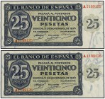 Lote 2 billetes 25 Pesetas. 21 Noviembre 1936. Serie A. Pareja correlativa. RAROS ASÍ. Ed-419. SC-.