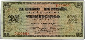25 Pesetas. 20 Mayo 1938. Giralda de Sevilla. Serie D. (Levísimas arruguitas). Ed-430a. SC.