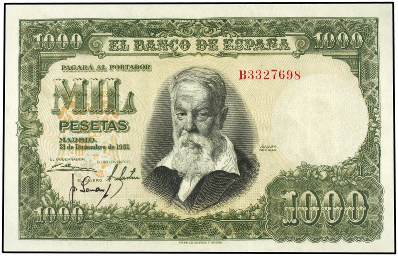 1.000 Pesetas. 31 Diciembre 1951. Sorolla. Serie B. Precintado y garantizado por...