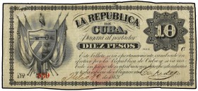 10 Pesos. 10 Julio 1869. LA REPÚBLICA DE CUBA. Fecha manuscrita. Firma de Carlos Manuel Céspedes. (Restos de adhesivo en reverso). RARO. Ed-33; LB-30C...