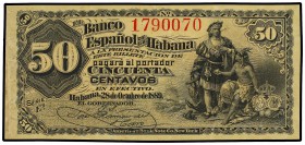 50 Centavos. 28 Octubre 1889. EL BANCO ESPAÑOL DE LA HABANA. (Arrugas). ESCASO. Ed-59. EBC.