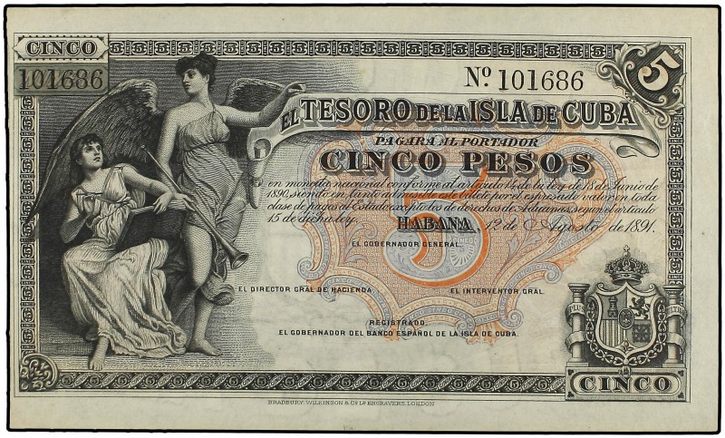 5 Pesos. 12 Agosto 1891. EL TESORO DE LA ISLA DE CUBA. (Leve manchita del tiempo...