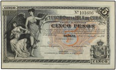 5 Pesos. 12 Agosto 1891. EL TESORO DE LA ISLA DE CUBA. (Leve manchita del tiempo). Ed-63. EBC.