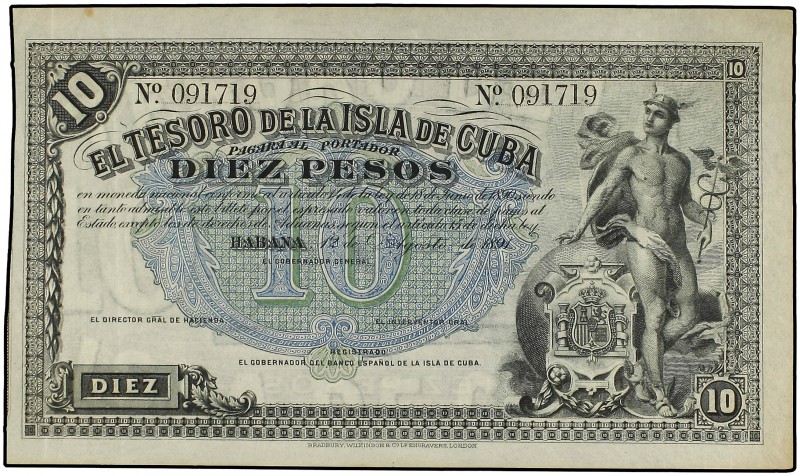 10 Pesos. 12 Agosto 1891. EL TESORO DE LA ISLA DE CUBA. (Leves manchitas del tie...