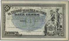 10 Pesos. 12 Agosto 1891. EL TESORO DE LA ISLA DE CUBA. (Leves manchitas del tiempo). Ed-64. EBC.