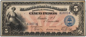 5 Pesos. 1 Enero 1908. EL BANCO ESPAÑOL FILIPINO. MANILA. (Arruguitas y manchitas del tiempo). ESCASO. Ed-23. MBC+.