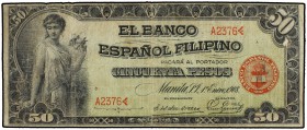 50 Pesos. 1 Enero 1908. EL BANCO ESPAÑOL FILIPINO. MANILA. (Manchitas del tiempo). MUY RARO. Ed-26. MBC-.