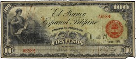 100 Pesos. 1 Enero 1908. EL BANCO ESPAÑOL FILIPINO. MANILA. (Algo sucio. Pequeñas roturas en margen inferior). MUY ESCASO. Ed-27. MBC-.