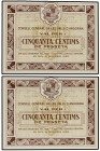 Lote 2 billetes 50 Cèntims. 19 Desembre 1936. CONSELL GENERAL DE LES VALLS D´ANDORRA. Emisión marrón. Pareja correlativa. ESCASO. Ed-AND1. SC.