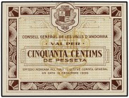 50 Cèntims. 19 Desembre 1936. CONSELL GENERAL DE LES VALLS D´ANDORRA. Emisión marrón. ESCASO. Ed-AND1. SC.