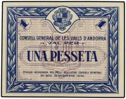 1 Pesseta. 19 Desembre 1936. CONSELL GENERAL DE LES VALLS D´ANDORRA. Emisión azul. MUY ESCASO. Ed-AND2. EBC.