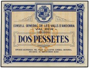 2 Pessetes. 19 Desembre 1936. CONSELL GENERAL DE LES VALLS D´ANDORRA. Emisión azul. (Leves arruguitas. Pequeño doblez esquina). RARO. Ed-AND4. SC-.
