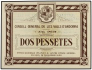 2 Pessetes. 19 Desembre 1936. CONSELL GENERAL DE LES VALLS D´ANDORRA. Emisión marrón. Sello en seco CONSELL GENERAL VALLS D´ANDORRA. MUY ESCASO. Ed-AN...