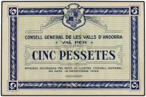 5 Pessetes. 19 Desembre 1936. CONSELL GENERAL DE LES VALLS D´ANDORRA. Emisón azul. (Leve reparación margen inferior). MUY RARO. Ed-AND6. EBC-.