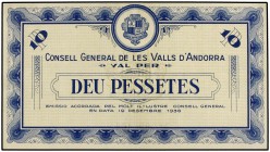 10 Pessetes. 19 Desembre 1936. CONSELL GENERAL DE LES VALLS D´ANDORRA. Emisión azul. (Ligera repación en margen izquierdo). MUY RARO. Ed-AND8. EBC.