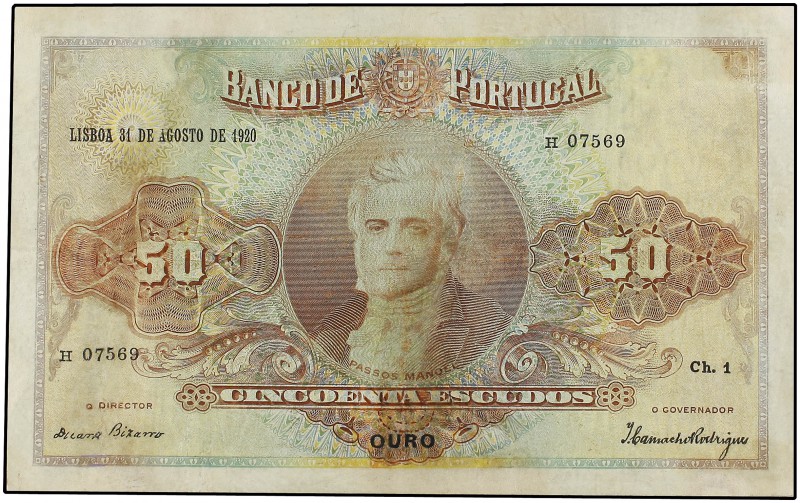 50 Escudos. 31 Agosto 1920. PORTUGAL. Passos Manoel. Precintado y garantizado po...