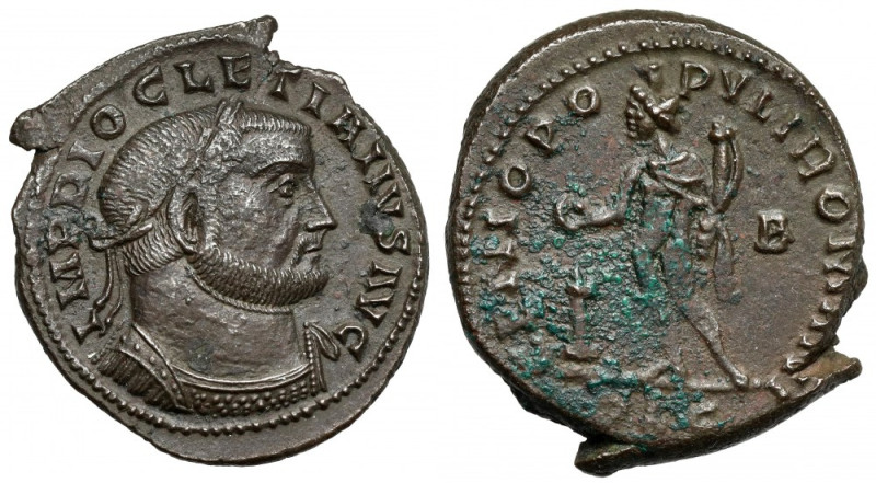 Dioklecjan (284-305 n.e.) Follis, Lugdunum Awers: Popiersie cesarza w wieńcu lau...