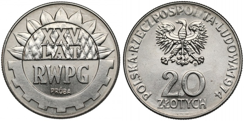Próba NIKIEL 20 złotych 1974 RWPG - tło z 'ziarnem' Patyna na awersie. 

Refer...