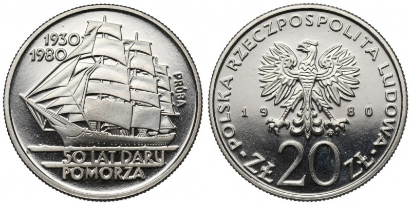 Próba NIKIEL 20 złotych 1980 Dar Pomorza - napis w odcinku Reference: Parchimowi...